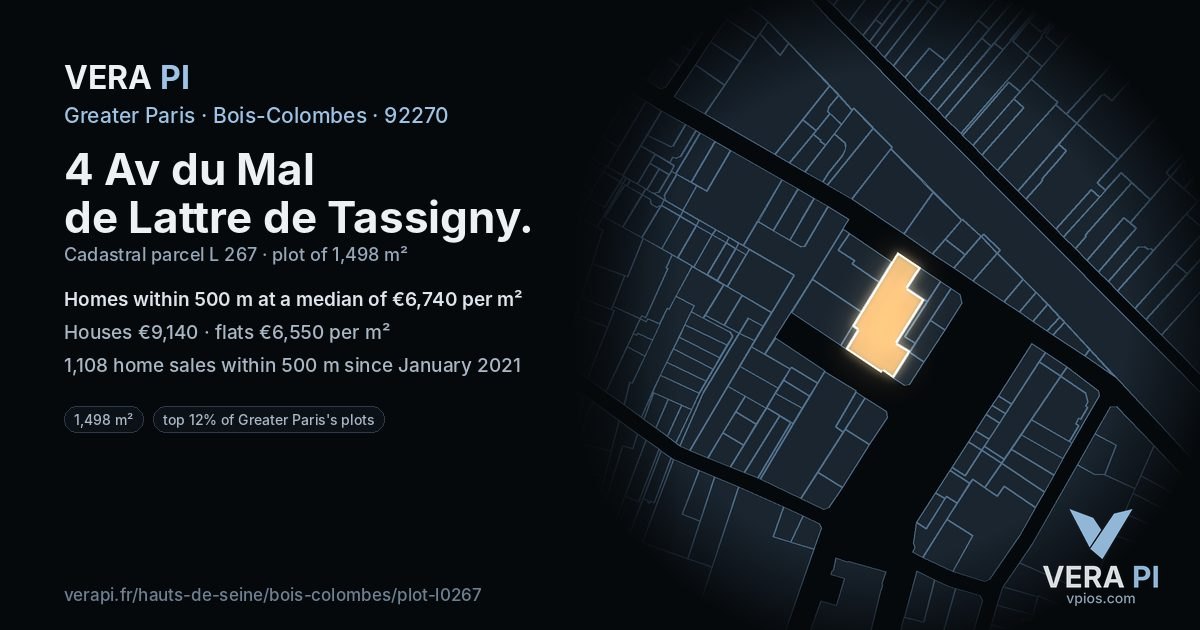 4 Av du Mal de Lattre de Tassigny, Bois-Colombes at night – the plot lit, the parcels around coloured by the prices near them
