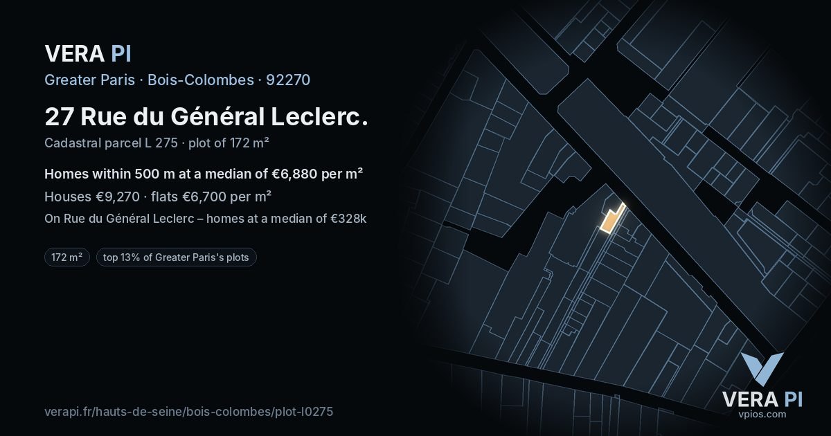 27 Rue du Général Leclerc, Bois-Colombes at night – the plot lit, the parcels around coloured by the prices near them