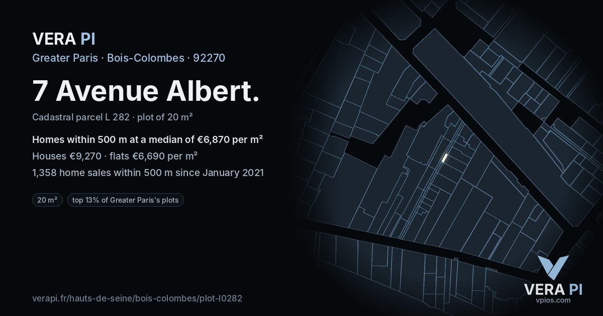 7 Avenue Albert, Bois-Colombes at night – the plot lit, the parcels around coloured by the prices near them