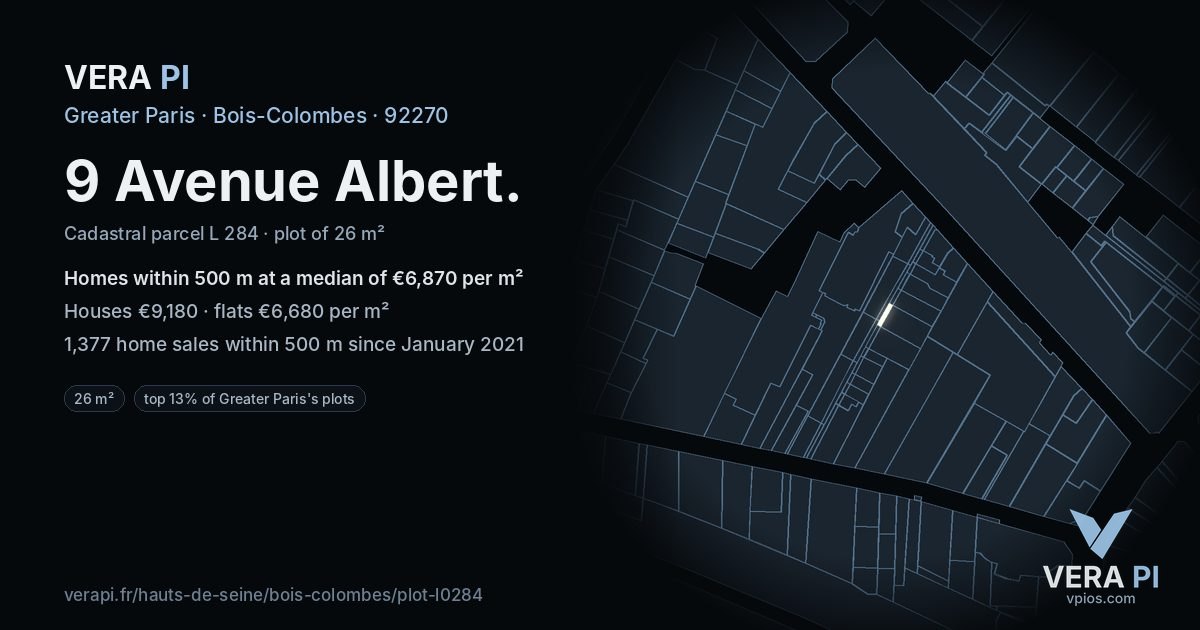 9 Avenue Albert, Bois-Colombes at night – the plot lit, the parcels around coloured by the prices near them