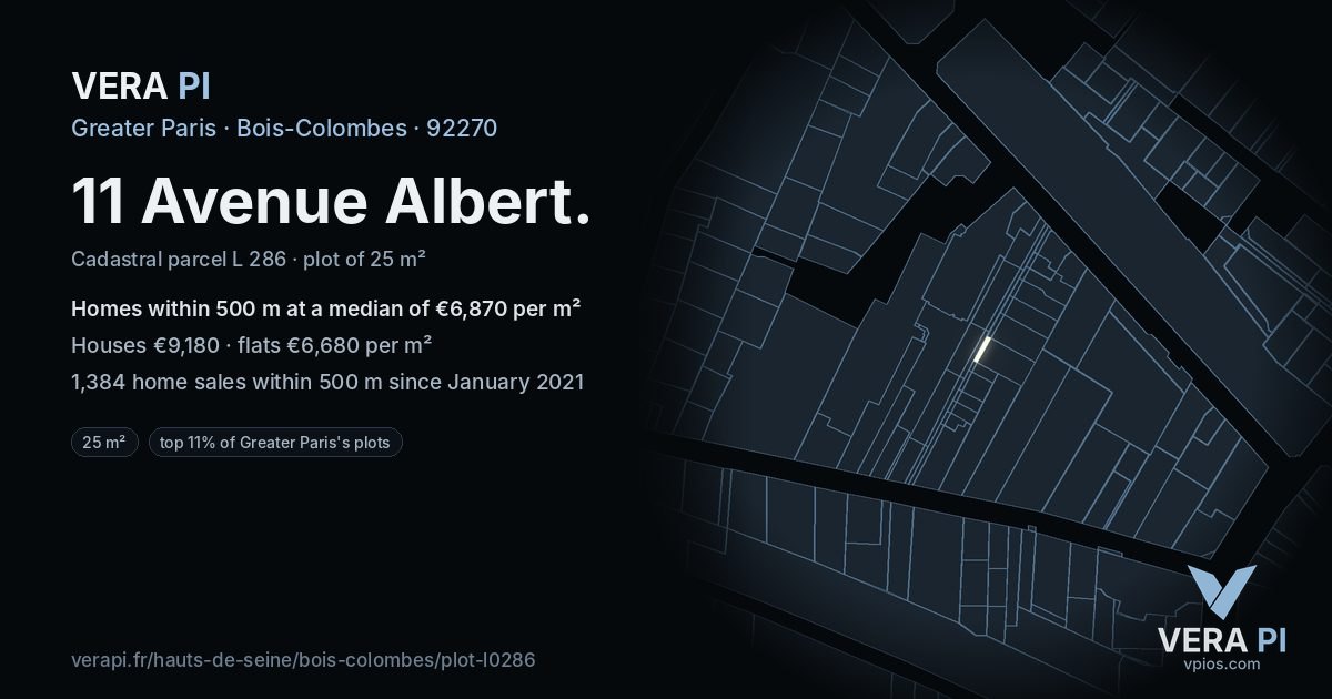 11 Avenue Albert, Bois-Colombes at night – the plot lit, the parcels around coloured by the prices near them