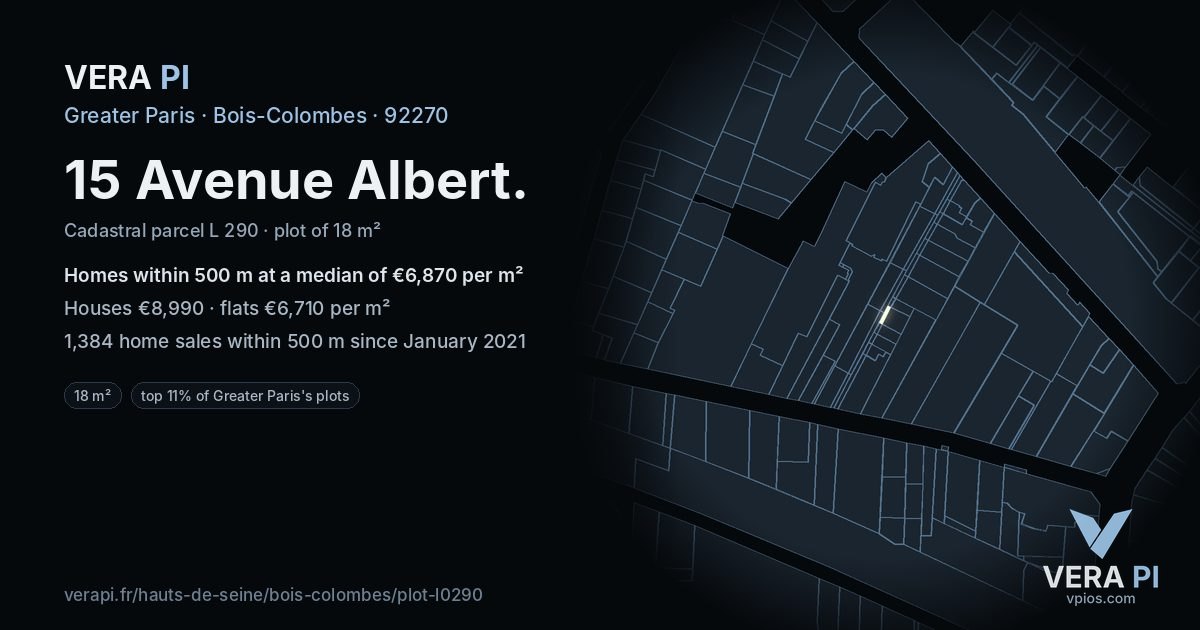 15 Avenue Albert, Bois-Colombes at night – the plot lit, the parcels around coloured by the prices near them