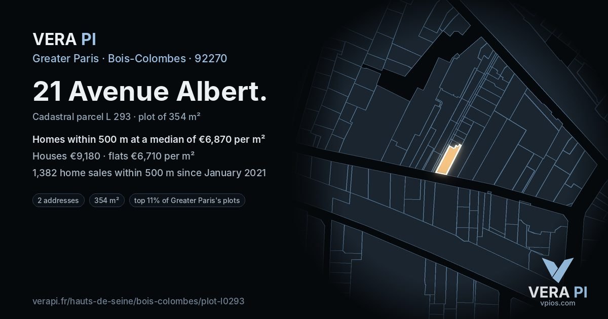 21 Avenue Albert, Bois-Colombes at night – the plot lit, the parcels around coloured by the prices near them