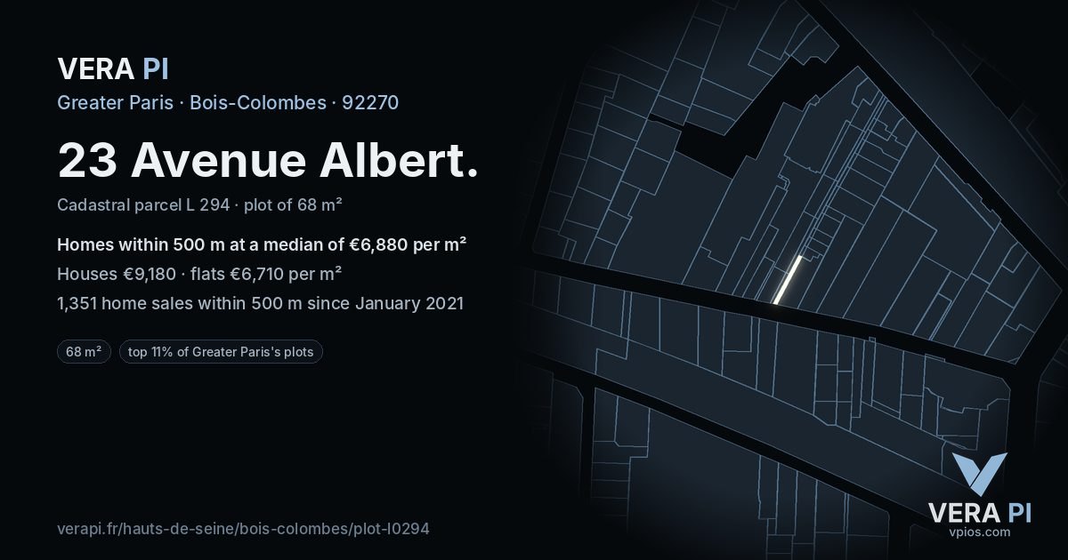 23 Avenue Albert, Bois-Colombes at night – the plot lit, the parcels around coloured by the prices near them