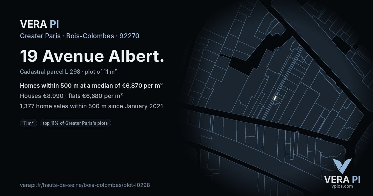 19 Avenue Albert, Bois-Colombes at night – the plot lit, the parcels around coloured by the prices near them