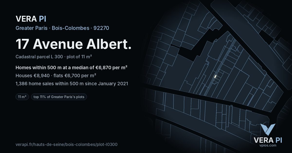 17 Avenue Albert, Bois-Colombes at night – the plot lit, the parcels around coloured by the prices near them