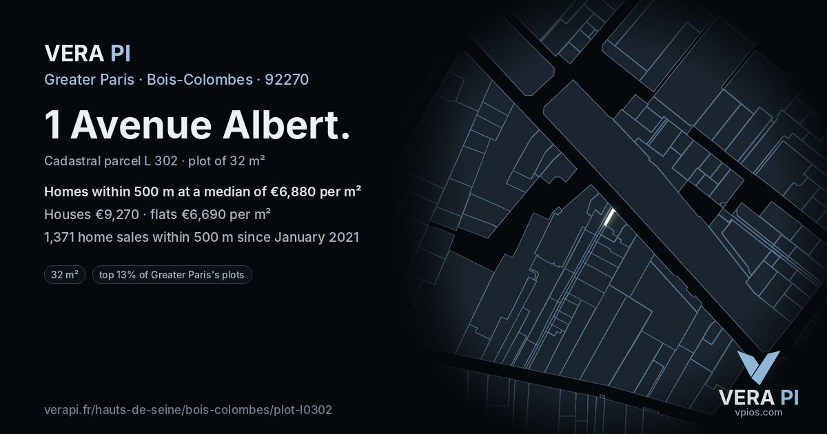1 Avenue Albert, Bois-Colombes at night – the plot lit, the parcels around coloured by the prices near them