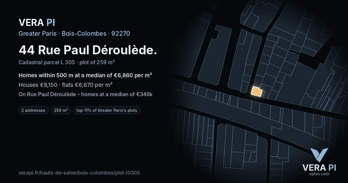 44 Rue Paul Déroulède, Bois-Colombes at night – the plot lit, the parcels around coloured by the prices near them