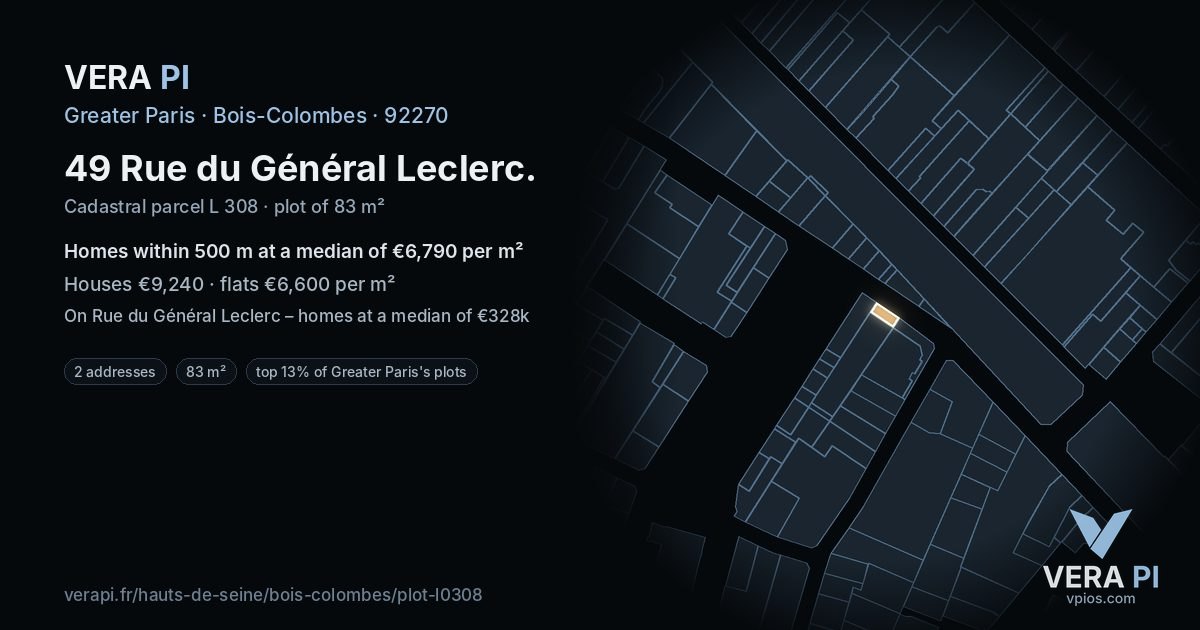49 Rue du Général Leclerc, Bois-Colombes at night – the plot lit, the parcels around coloured by the prices near them