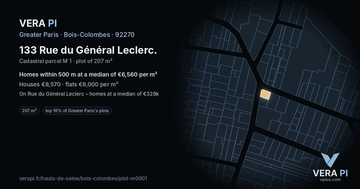 133 Rue du Général Leclerc, Bois-Colombes at night – the plot lit, the parcels around coloured by the prices near them