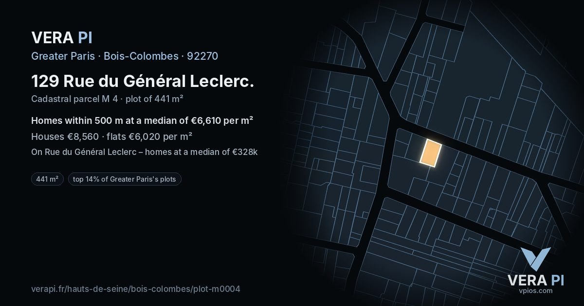 129 Rue du Général Leclerc, Bois-Colombes at night – the plot lit, the parcels around coloured by the prices near them