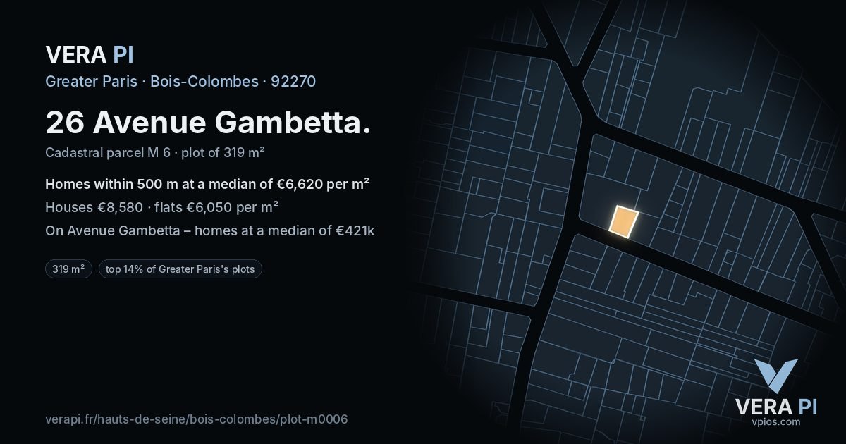 26 Avenue Gambetta, Bois-Colombes at night – the plot lit, the parcels around coloured by the prices near them