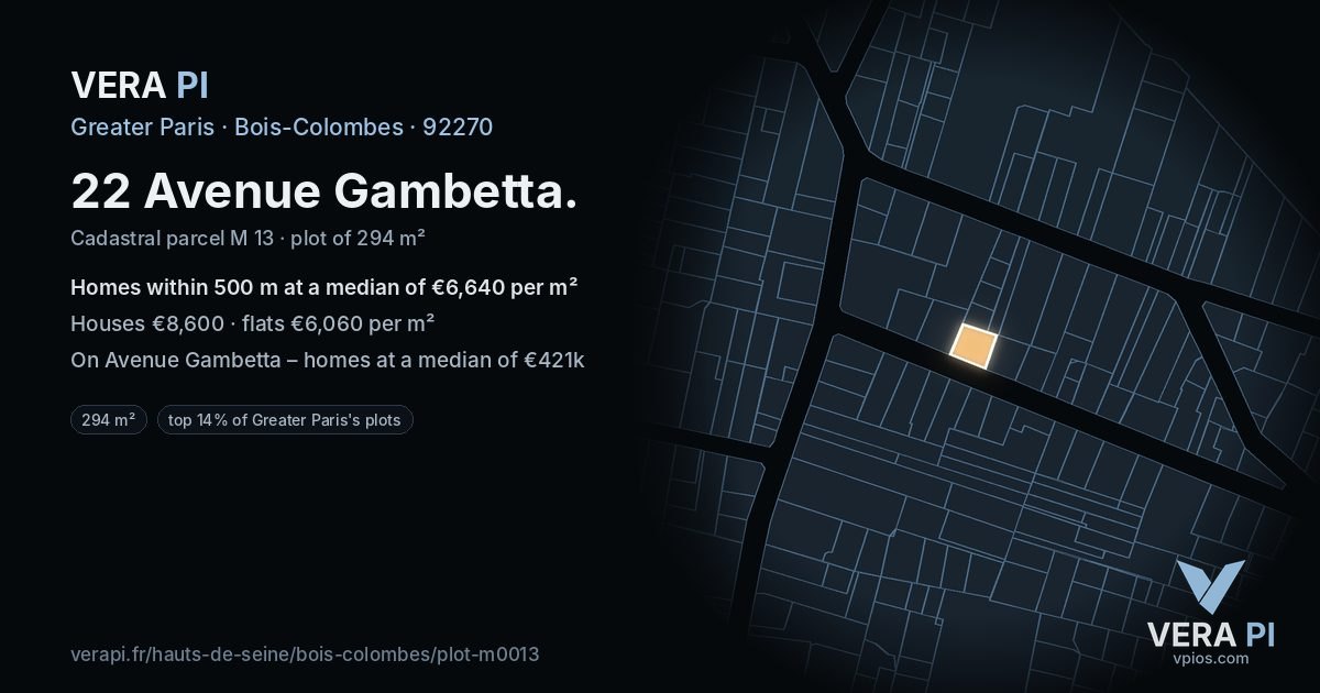 22 Avenue Gambetta, Bois-Colombes at night – the plot lit, the parcels around coloured by the prices near them