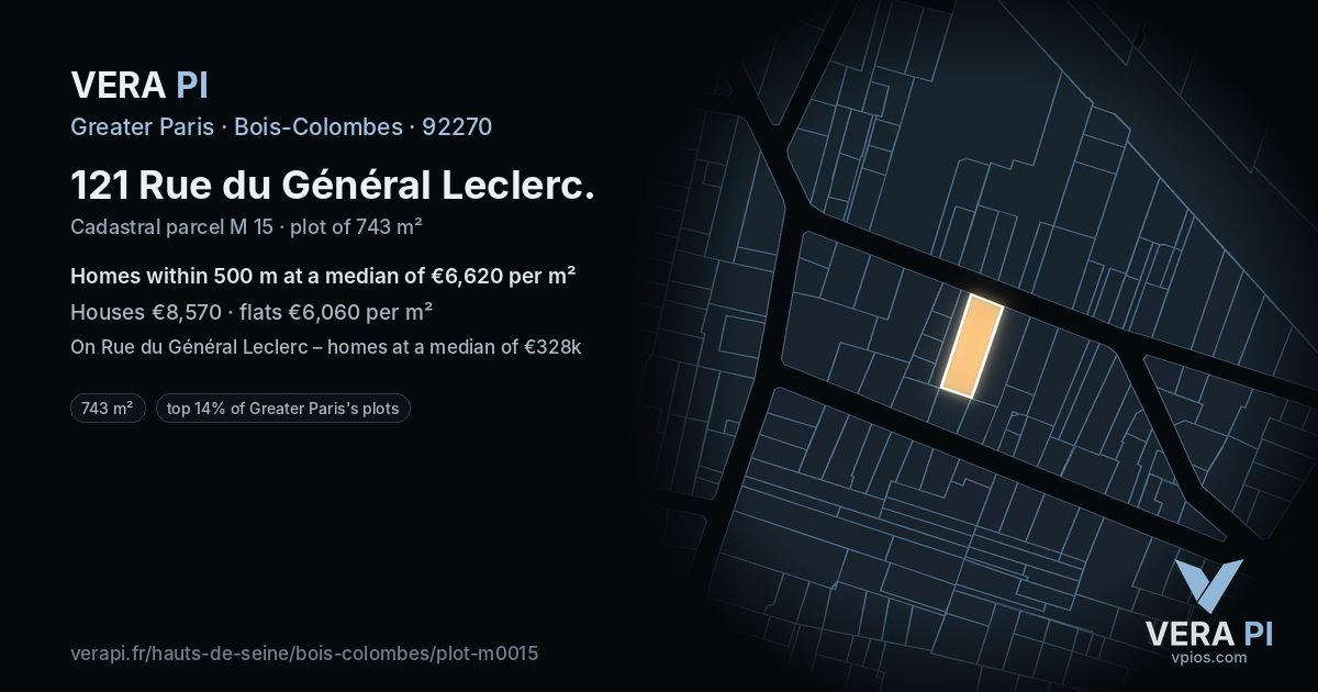 121 Rue du Général Leclerc, Bois-Colombes at night – the plot lit, the parcels around coloured by the prices near them