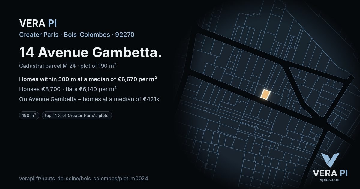14 Avenue Gambetta, Bois-Colombes at night – the plot lit, the parcels around coloured by the prices near them