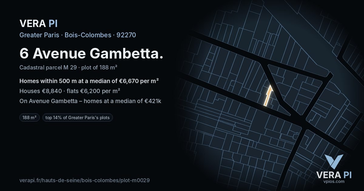 6 Avenue Gambetta, Bois-Colombes at night – the plot lit, the parcels around coloured by the prices near them