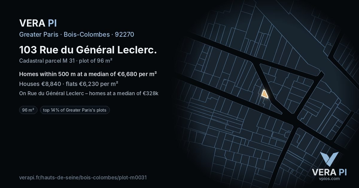 103 Rue du Général Leclerc, Bois-Colombes at night – the plot lit, the parcels around coloured by the prices near them