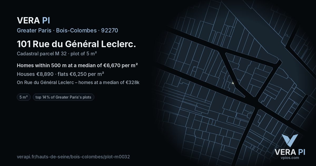 101 Rue du Général Leclerc, Bois-Colombes at night – the plot lit, the parcels around coloured by the prices near them