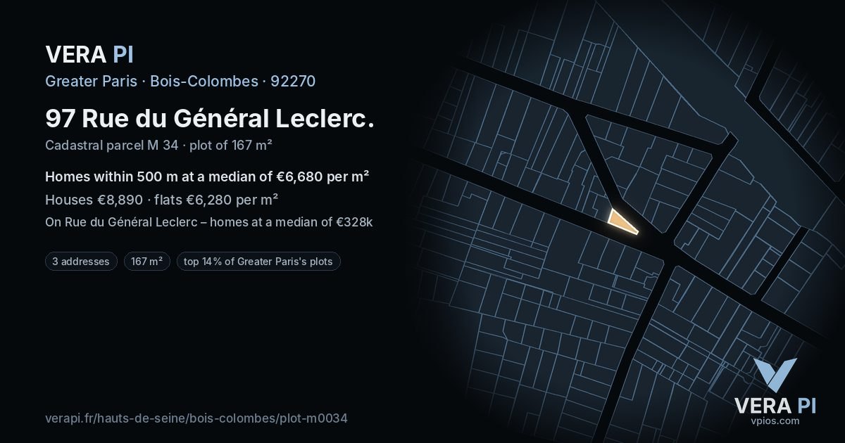 97 Rue du Général Leclerc, Bois-Colombes at night – the plot lit, the parcels around coloured by the prices near them