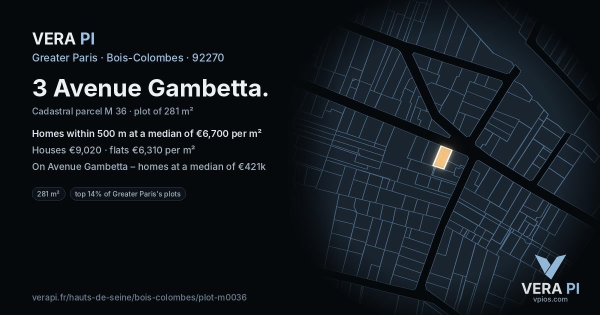 3 Avenue Gambetta, Bois-Colombes at night – the plot lit, the parcels around coloured by the prices near them