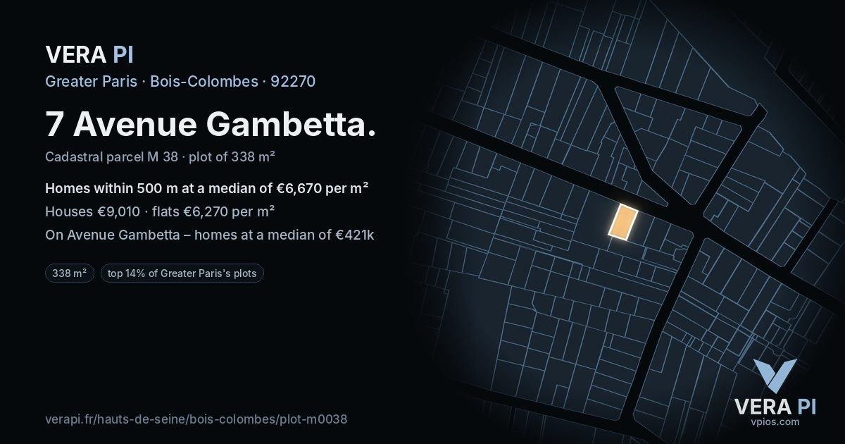7 Avenue Gambetta, Bois-Colombes at night – the plot lit, the parcels around coloured by the prices near them