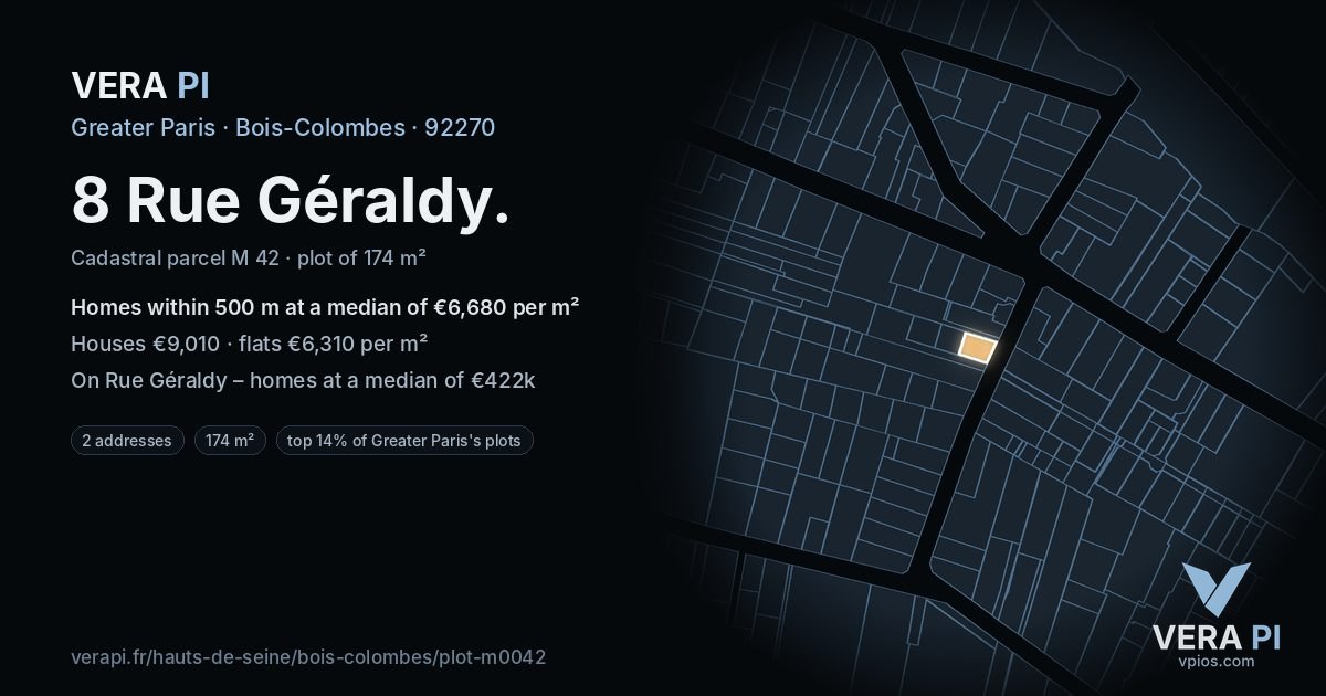 8 Rue Géraldy, Bois-Colombes at night – the plot lit, the parcels around coloured by the prices near them