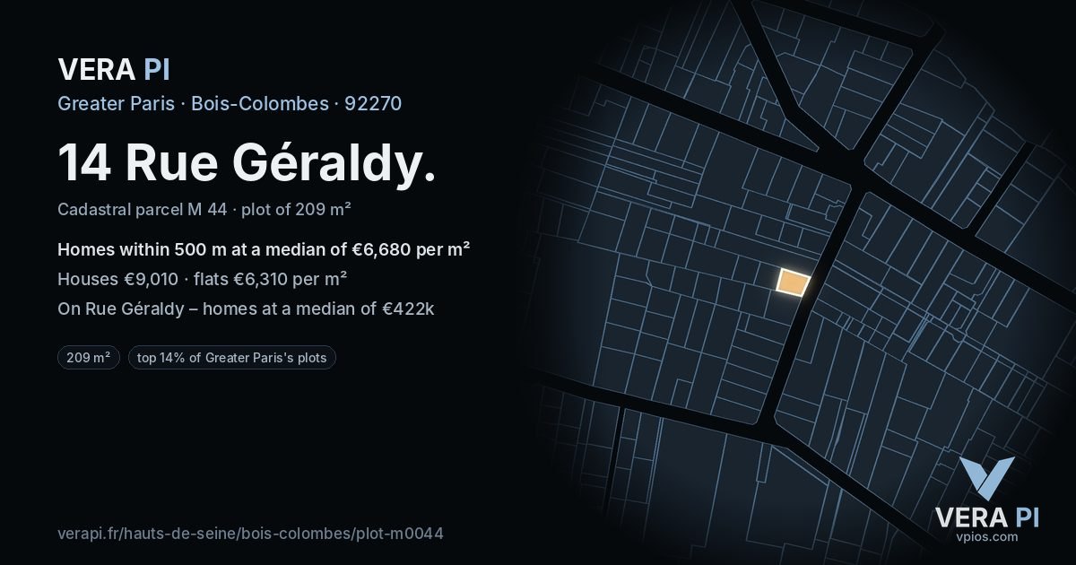 14 Rue Géraldy, Bois-Colombes at night – the plot lit, the parcels around coloured by the prices near them