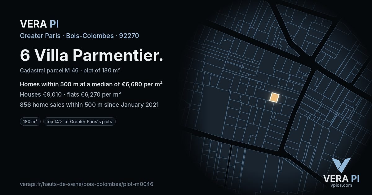 6 Villa Parmentier, Bois-Colombes at night – the plot lit, the parcels around coloured by the prices near them