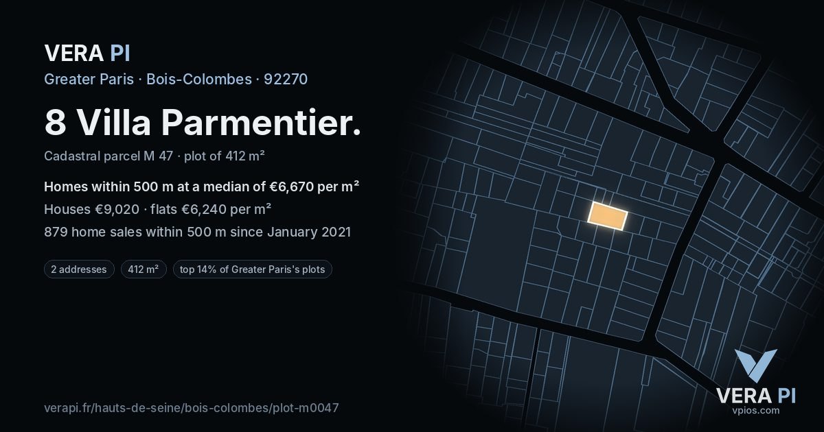 8 Villa Parmentier, Bois-Colombes at night – the plot lit, the parcels around coloured by the prices near them