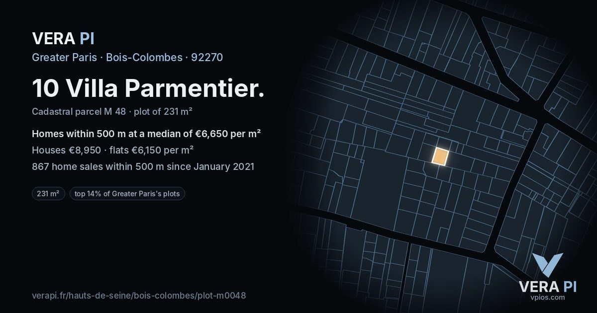 10 Villa Parmentier, Bois-Colombes at night – the plot lit, the parcels around coloured by the prices near them