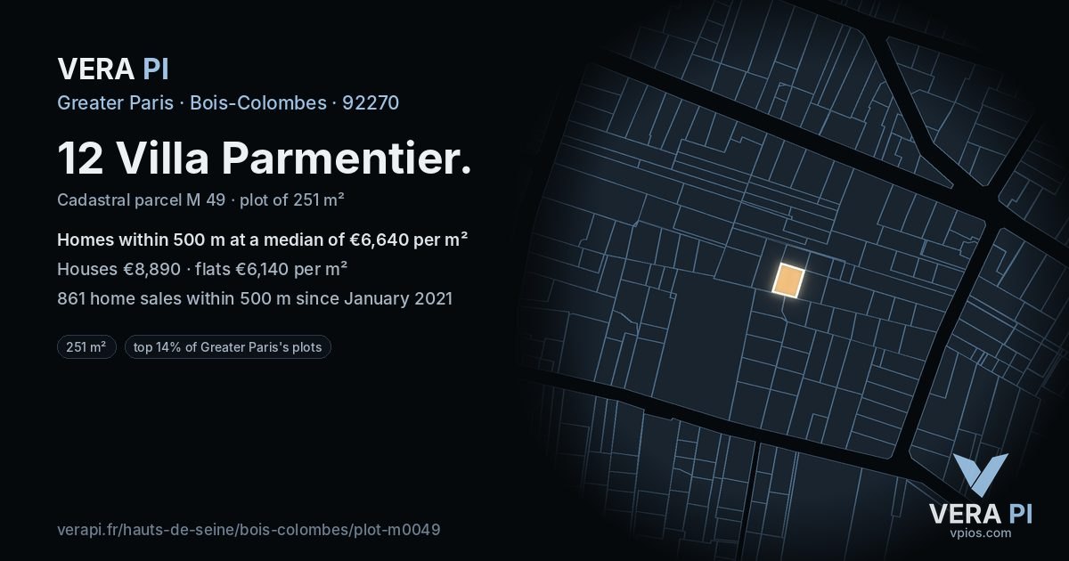 12 Villa Parmentier, Bois-Colombes at night – the plot lit, the parcels around coloured by the prices near them