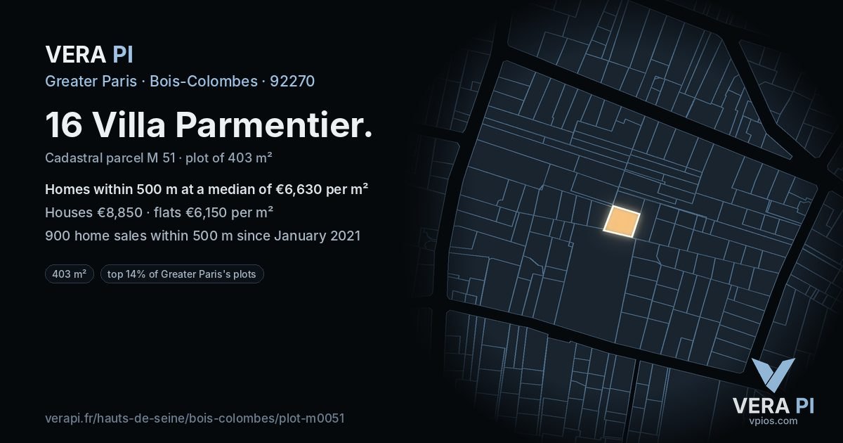 16 Villa Parmentier, Bois-Colombes at night – the plot lit, the parcels around coloured by the prices near them