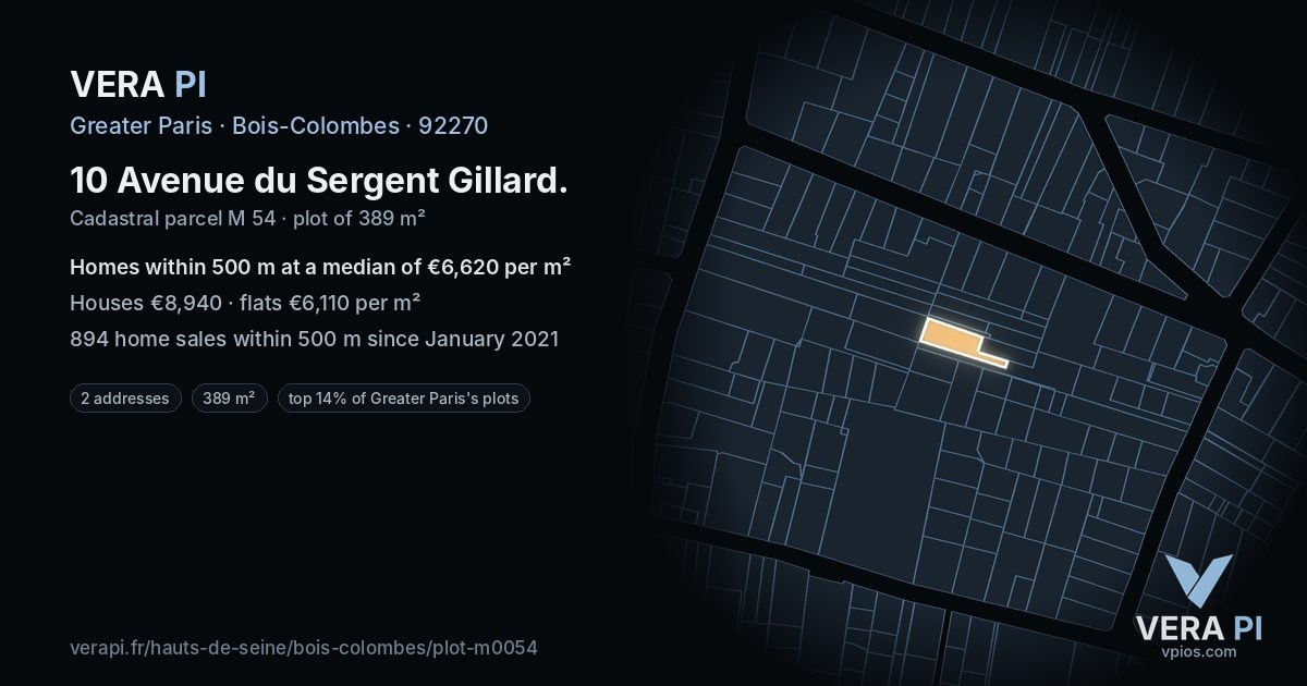 10 Avenue du Sergent Gillard, Bois-Colombes at night – the plot lit, the parcels around coloured by the prices near them
