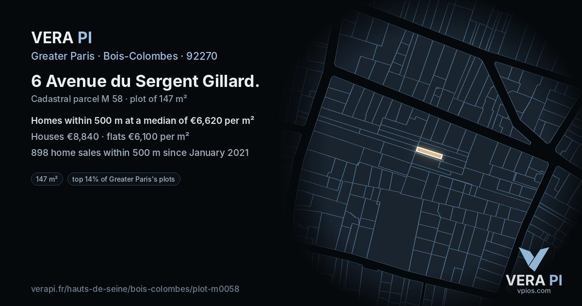 6 Avenue du Sergent Gillard, Bois-Colombes at night – the plot lit, the parcels around coloured by the prices near them