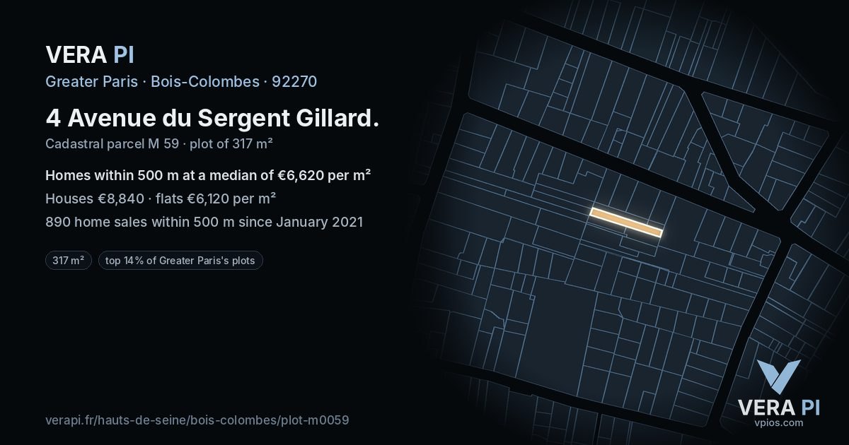 4 Avenue du Sergent Gillard, Bois-Colombes at night – the plot lit, the parcels around coloured by the prices near them