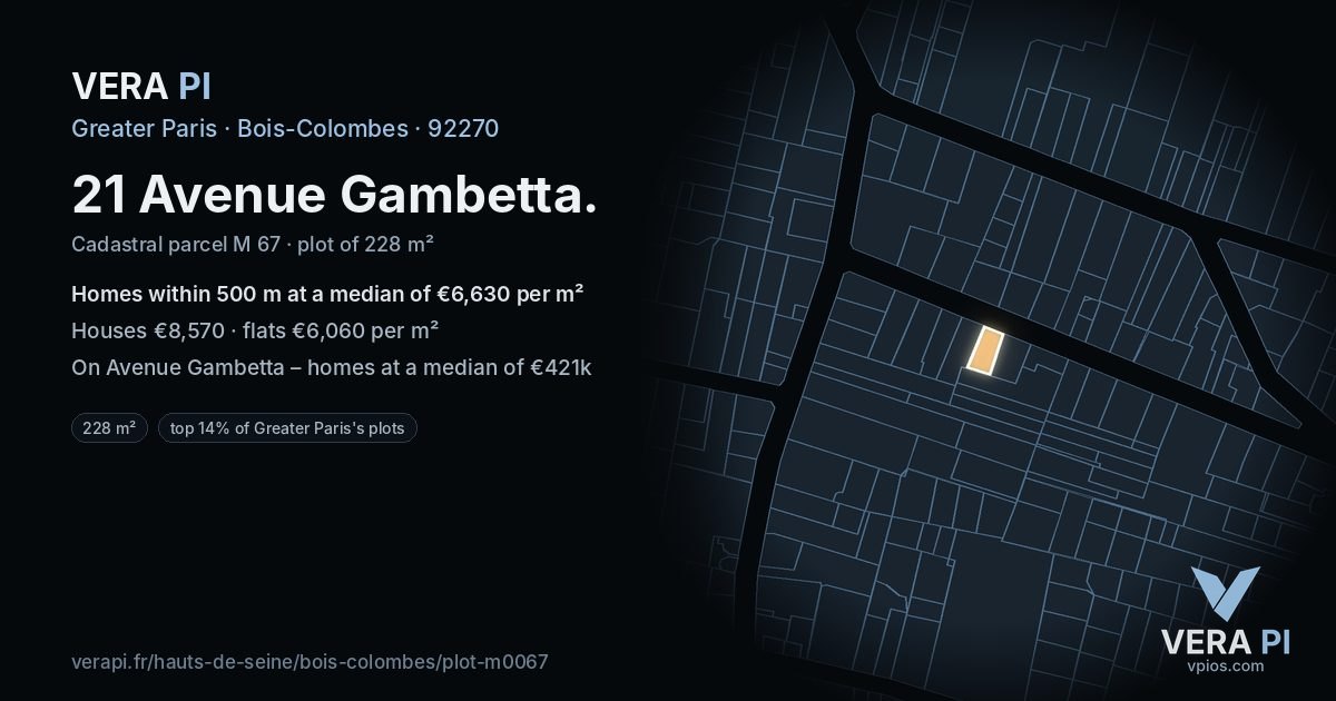21 Avenue Gambetta, Bois-Colombes at night – the plot lit, the parcels around coloured by the prices near them