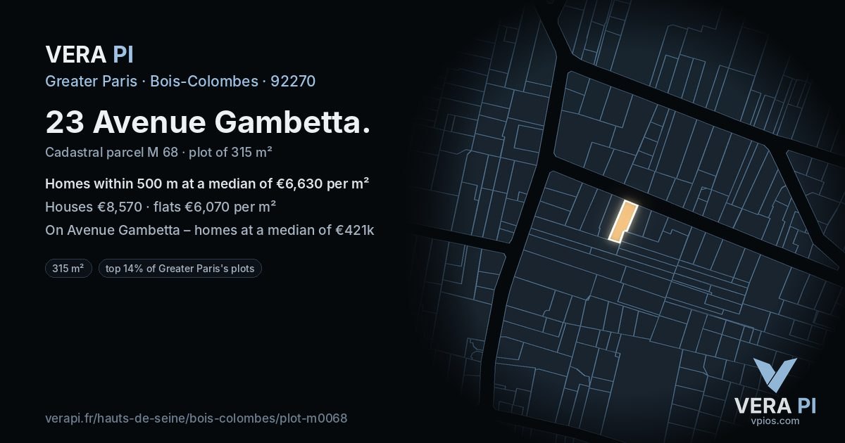 23 Avenue Gambetta, Bois-Colombes at night – the plot lit, the parcels around coloured by the prices near them