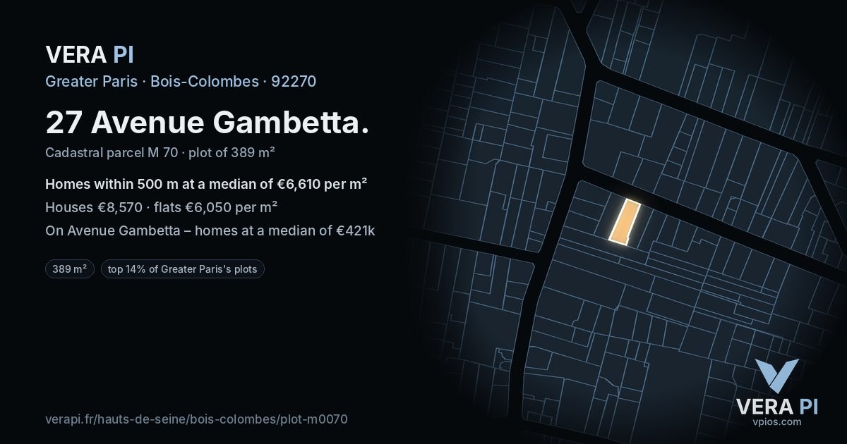 27 Avenue Gambetta, Bois-Colombes at night – the plot lit, the parcels around coloured by the prices near them