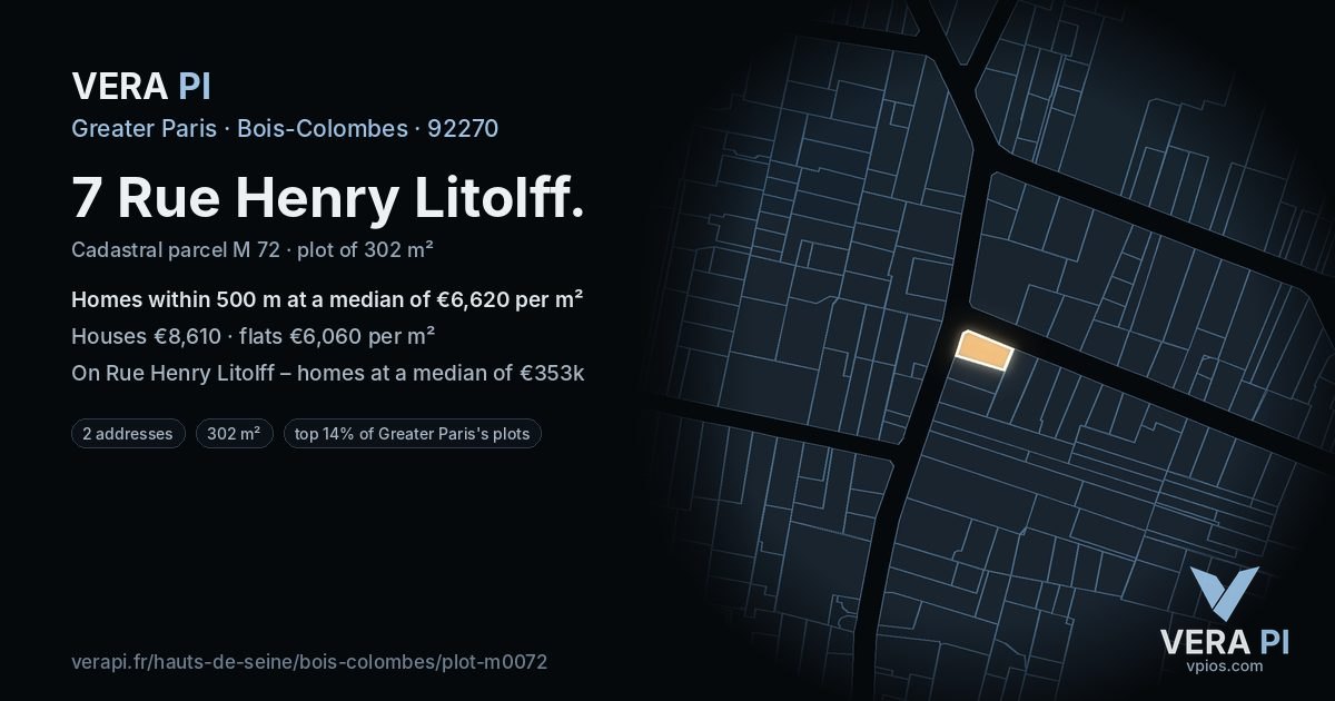 7 Rue Henry Litolff, Bois-Colombes at night – the plot lit, the parcels around coloured by the prices near them