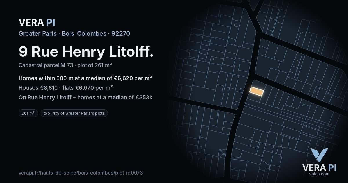 9 Rue Henry Litolff, Bois-Colombes at night – the plot lit, the parcels around coloured by the prices near them