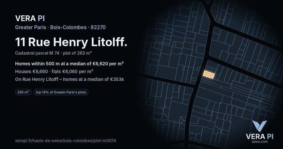 11 Rue Henry Litolff, Bois-Colombes at night – the plot lit, the parcels around coloured by the prices near them