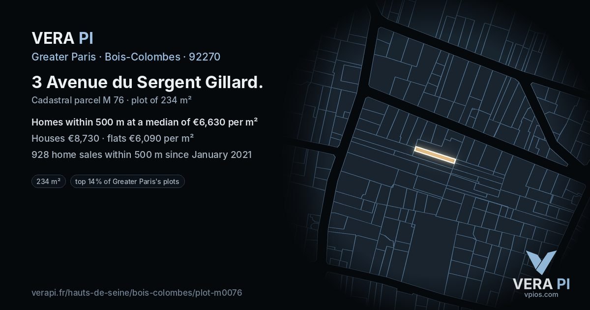 3 Avenue du Sergent Gillard, Bois-Colombes at night – the plot lit, the parcels around coloured by the prices near them