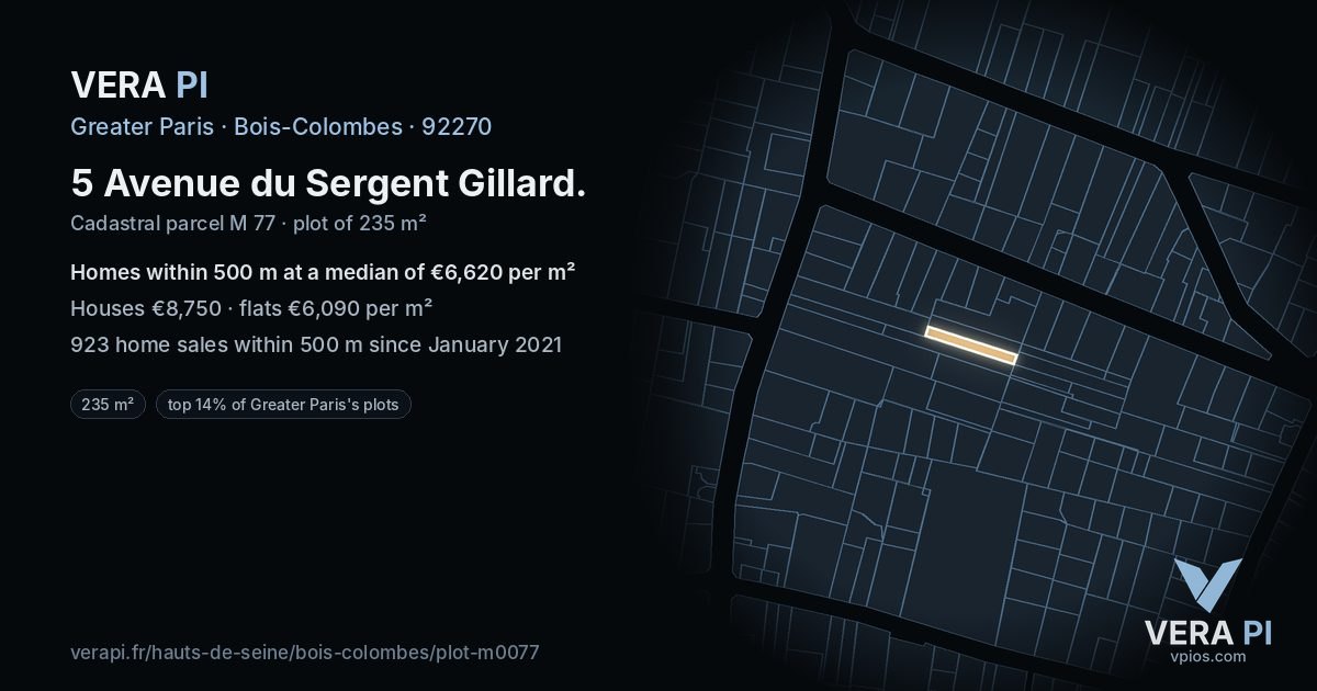 5 Avenue du Sergent Gillard, Bois-Colombes at night – the plot lit, the parcels around coloured by the prices near them