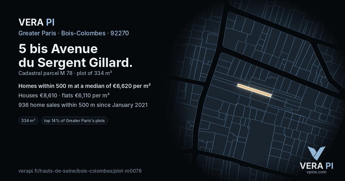 5 bis Avenue du Sergent Gillard, Bois-Colombes at night – the plot lit, the parcels around coloured by the prices near them