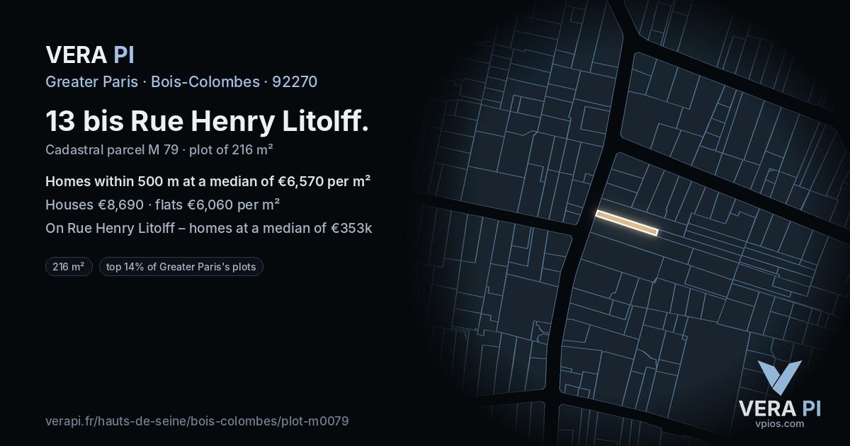 13 bis Rue Henry Litolff, Bois-Colombes at night – the plot lit, the parcels around coloured by the prices near them