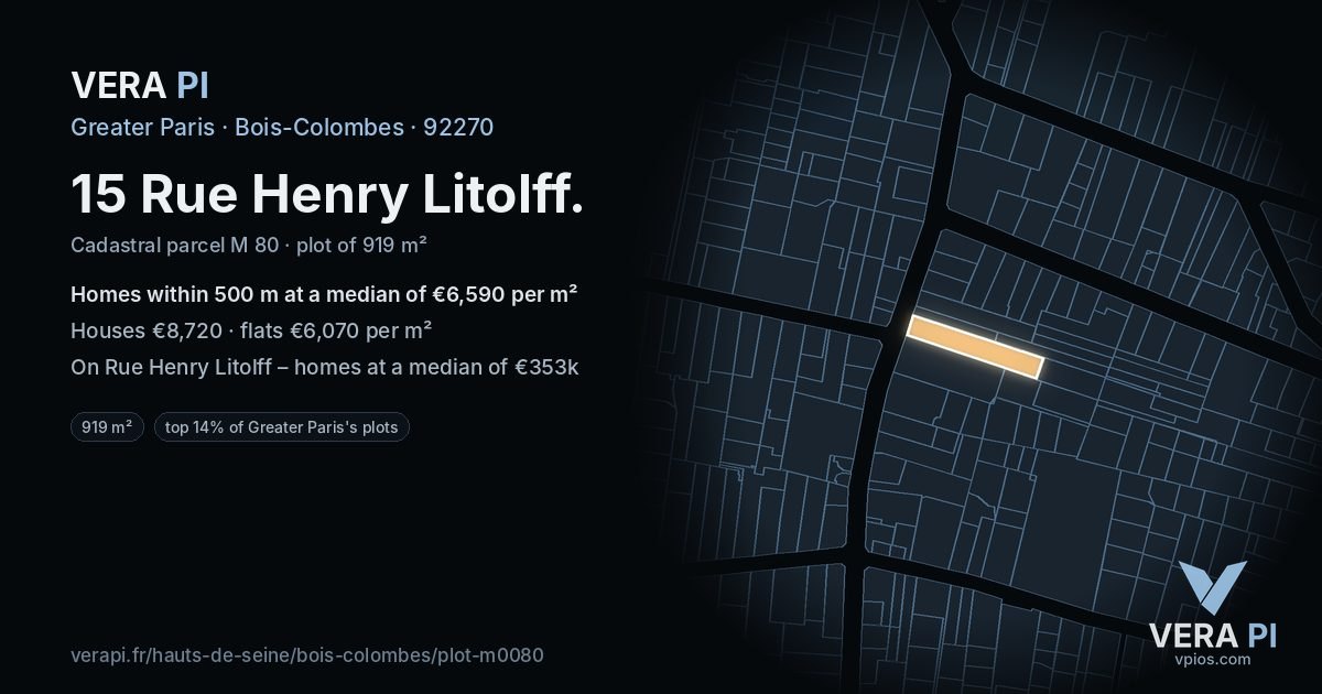 15 Rue Henry Litolff, Bois-Colombes at night – the plot lit, the parcels around coloured by the prices near them