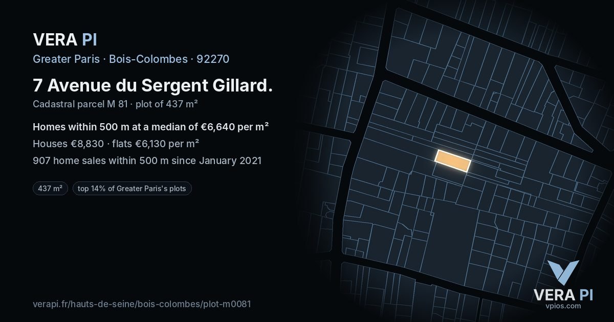 7 Avenue du Sergent Gillard, Bois-Colombes at night – the plot lit, the parcels around coloured by the prices near them