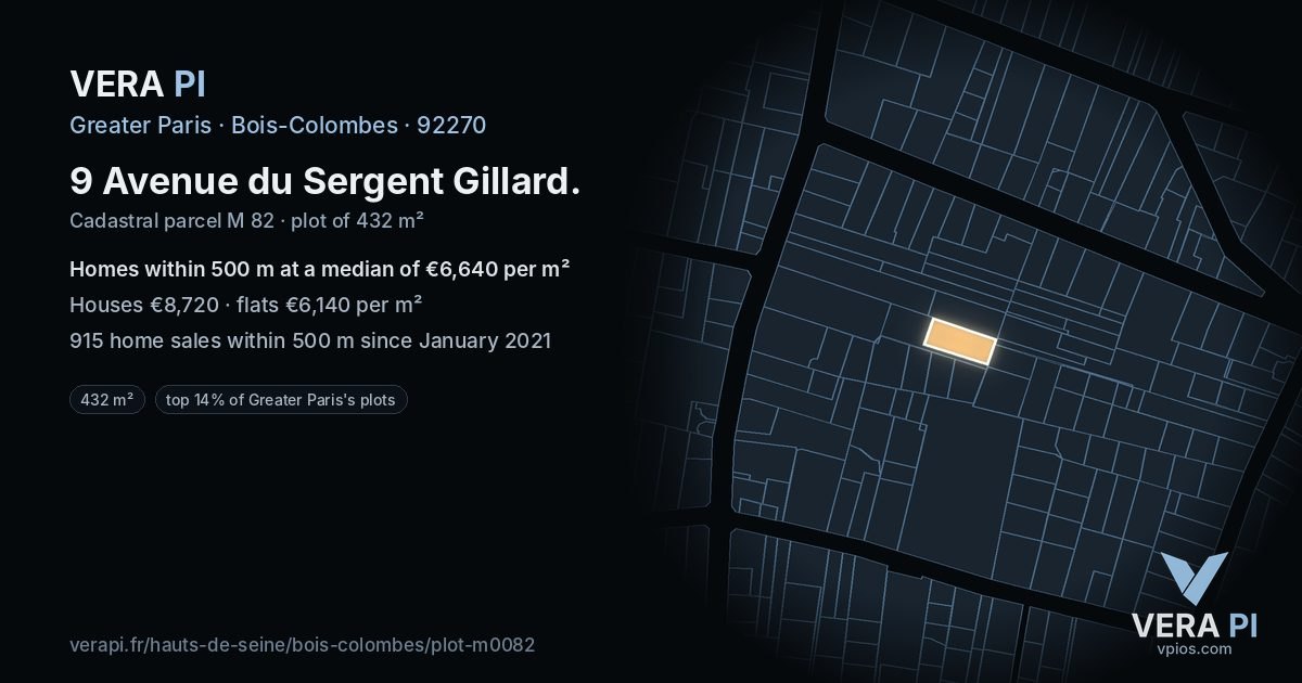 9 Avenue du Sergent Gillard, Bois-Colombes at night – the plot lit, the parcels around coloured by the prices near them