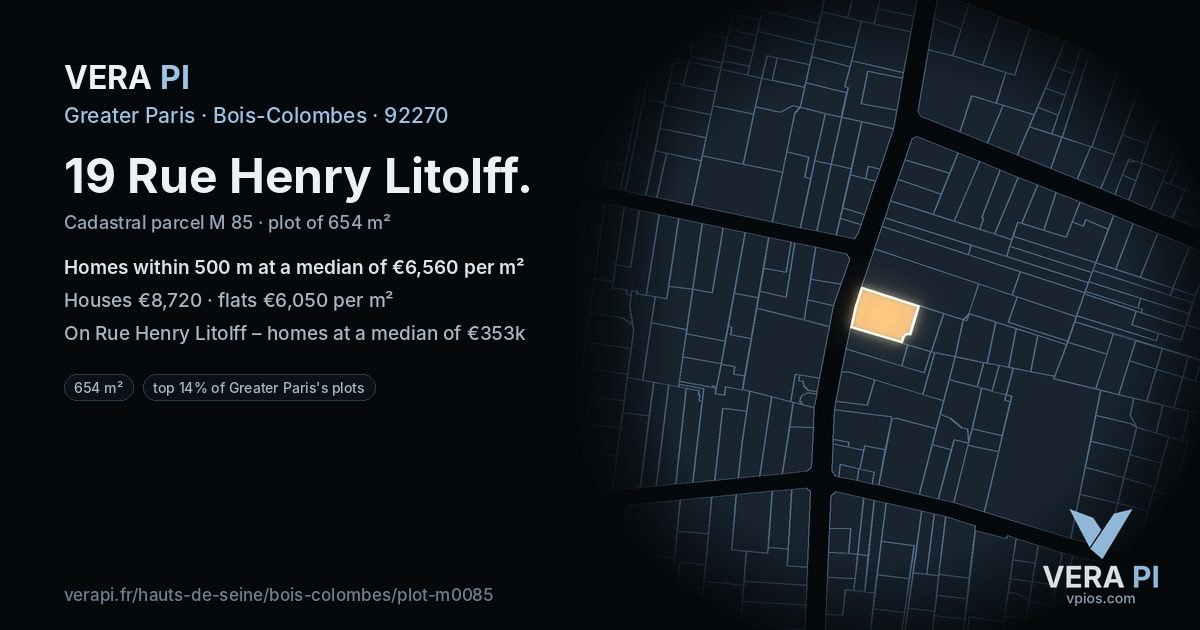19 Rue Henry Litolff, Bois-Colombes at night – the plot lit, the parcels around coloured by the prices near them