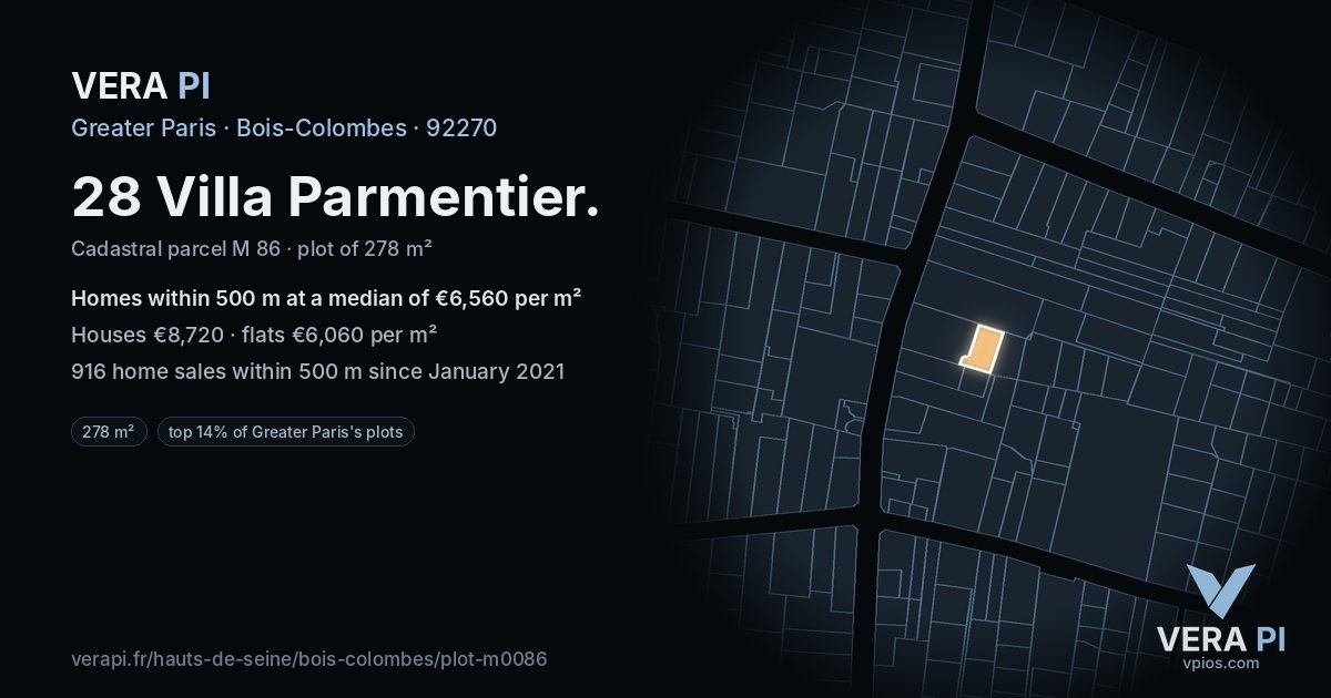 28 Villa Parmentier, Bois-Colombes at night – the plot lit, the parcels around coloured by the prices near them